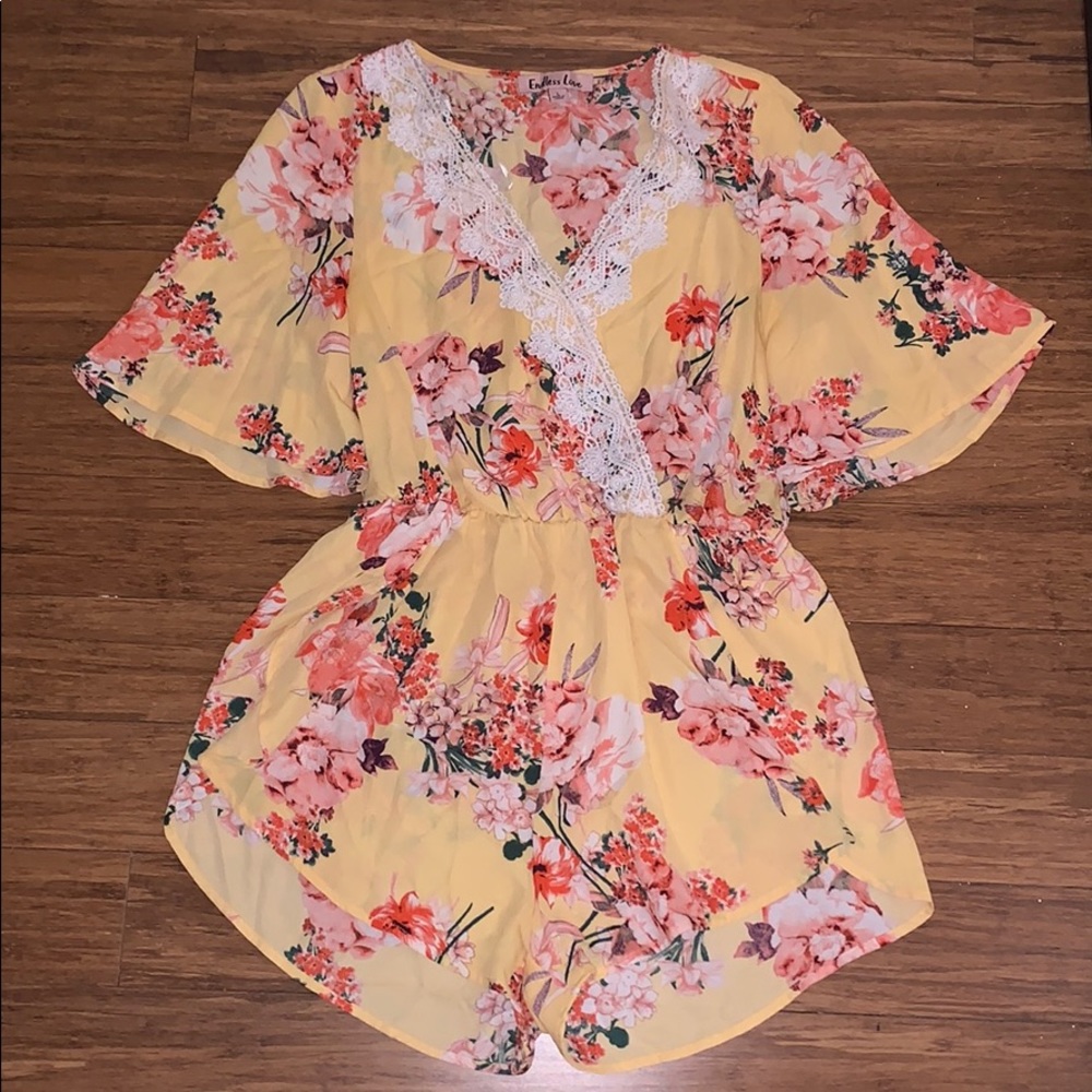 Yellow Floral Lace Detail Romper